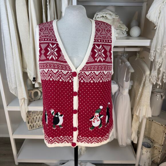 Holiday Editions red & cream festive Holiday vest, cheerful, party, warm #4414 - Picture 1 of 9
